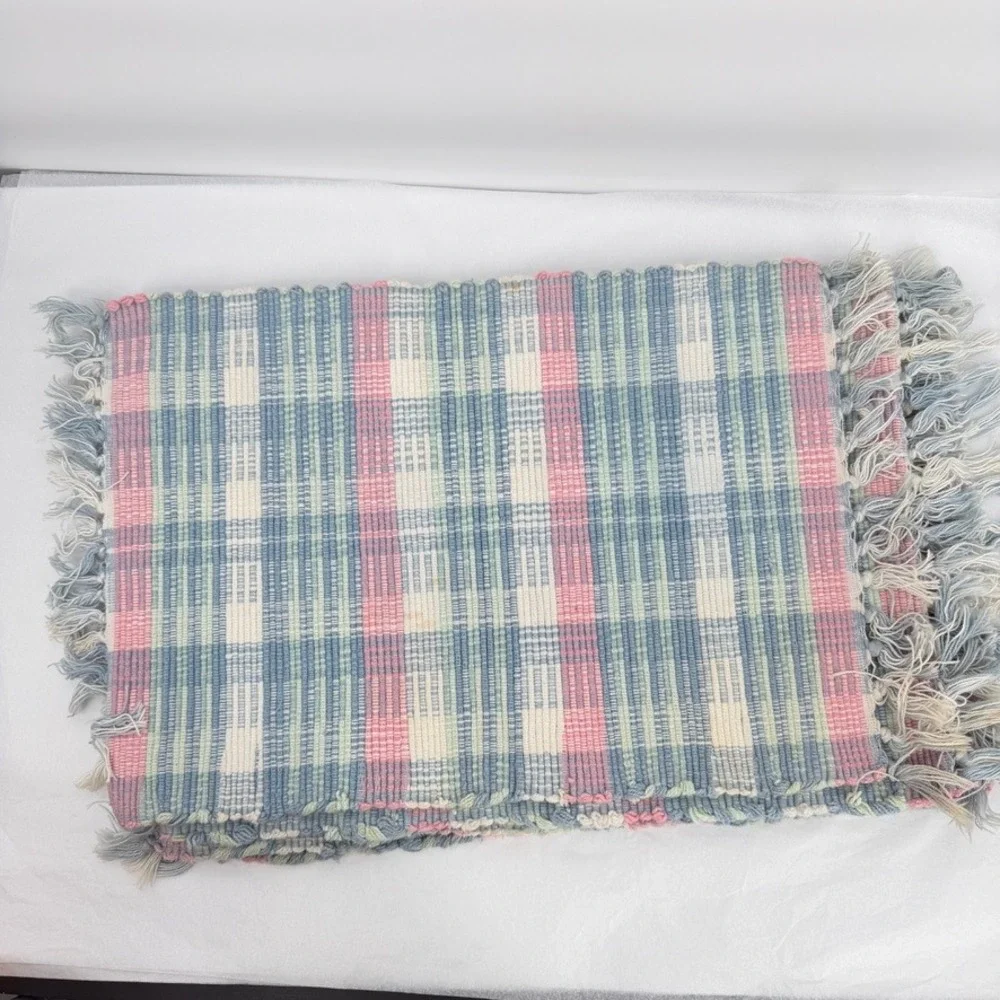 Woven Rag Rug Placemats Pastel Spring Plaid Fringe Cotton Set of 5 Table Decor